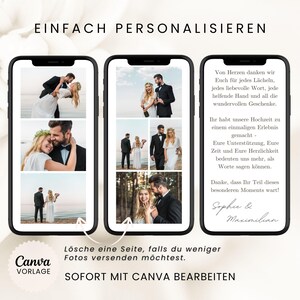 May include: Three black smartphones displaying a digital wedding thank you card template. The screens show photo collages of a couple in wedding attire and a text block in German expressing gratitude, signed by Sophie and Maximilian.