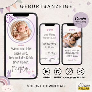 Annonce de naissance numérique fille carte de naissance animée bébé avec photo modèle Canva personnalisable eCard naissance vidéo Whatsapp avec musique