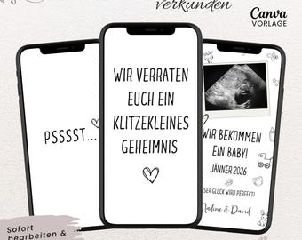 Digital Schwangerschaft verkünden eCard Wir bekommen ein Baby personalisierbar Whatsapp Karte Baby Reveal animiert Canva Vorlage mit Musik