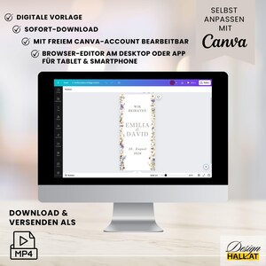 Hochzeitseinladung digital, Einladung Hochzeit, Animierte eCard Hochzeit, Hochzeitseinladung Wildblumen, Digitale Einladungskarte weiß, personalisierbare Canva-Vorlage,  Sofort Download, Video Einladung mit Foto, Zeitplan, Dresscode, Trauung Blumen