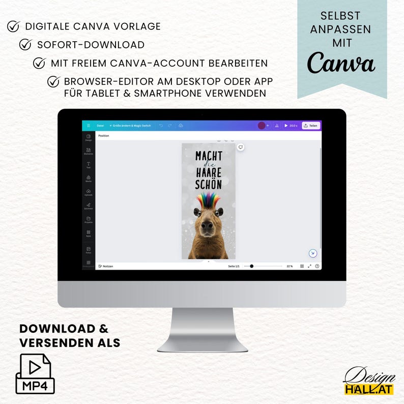 Digitale Einladung Geburtstag lustig "Macht die Haare schön", Animierte Einladung Capybara, Videoeinladung mit Musik, Canva-Vorlage personalisierbar, 4 Seiten, Sofort Download, eCard Whatsapp Einladung zum Versenden mit Whatsapp, Instagram, Facebook, Messenger, SMS und E-Mail, lustige Einladungskarte für jedes Alter für Frauen und Männer, Partyeinladung mit witzigem Capybara