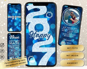 Digitale Neujahrskarte personalisierbar, WhatsApp Video eCard Silvester, Happy New Year animiert, Grußkarte Canva Vorlage mit Foto