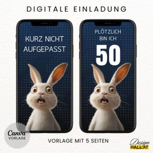 Lustige Einladung zum Geburtstag digital, Animierte Einladung Hase blau, Videoeinladung mit Musik personalisierbar, Canva-Vorlage mit lustigem Spruch "Kurz nicht aufgepasset..." mit 5 Seiten und 1 Startseite für das Video, Sofort Download, eCard Videoeinladung mit Hasen-Motiv zum Versenden mit Whatsapp, Instagram, Facebook, Messenger, SMS und E-Mail, lustige Einladungskarte Geburtstag für jedes Alter für Frauen und Männer,