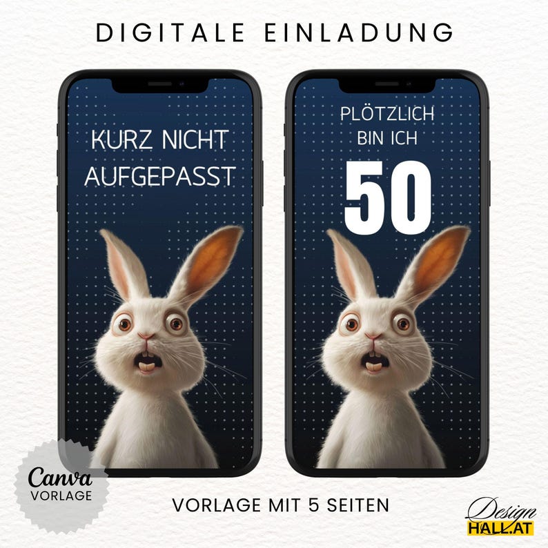 Lustige Einladung zum Geburtstag digital, Animierte Einladung Hase blau, Videoeinladung mit Musik personalisierbar, Canva-Vorlage mit lustigem Spruch "Kurz nicht aufgepasset..." mit 5 Seiten und 1 Startseite für das Video, Sofort Download, eCard Videoeinladung mit Hasen-Motiv zum Versenden mit Whatsapp, Instagram, Facebook, Messenger, SMS und E-Mail, lustige Einladungskarte Geburtstag für jedes Alter für Frauen und Männer,