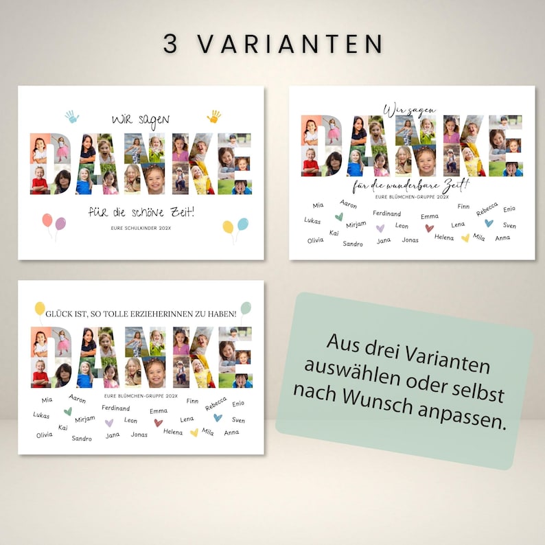 May include: Three different photo collages with the word "DANKE" spelled out with children's photos. The collages have text in German, including "3 VARIANTEN" and "Aus drei Varianten ausw&auml;hlen oder selbst nach Wunsch anpassen."