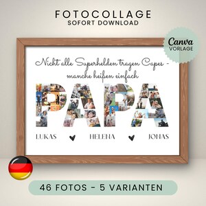 May include: A framed photo collage with the word "PAPA" in large letters, each filled with multiple small photos. The frame is brown. Text above reads "Not all superheroes wear capes - some just go by". Below are names and text.