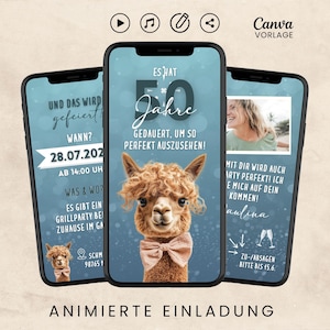 Digitale Einladung Geburtstag lustig, animierte Geburtstagseinladung Alpaka, Whatsapp Video Einladung, Canva Vorlage, Sofort Download