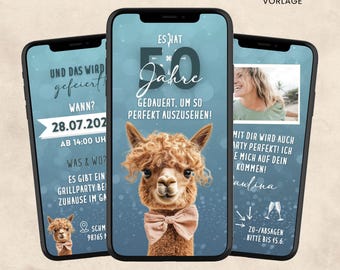 May include: Three smartphones displaying a digital birthday invitation template with a light blue background, featuring a brown alpaca wearing a pink bow tie, the text 50 Jahre, and event details including a date, time, and location.