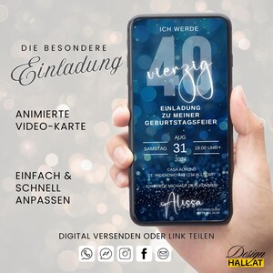 Digitale Einladung Geburtstag, Animiert, blau, Videoeinladung mit Musik, personalisierbar, Canva-Vorlage, für jedes Alter, Sofort Download, eCard, Geburtstagseinladung zum Versenden mit Whatsapp, Instagram, Facebook, Messenger, SMS und E-Mail,