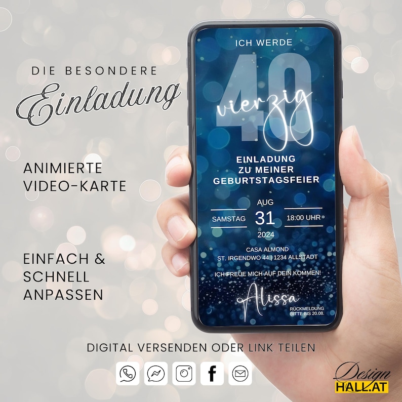 Digitale Einladung Geburtstag, Animiert, blau, Videoeinladung mit Musik, personalisierbar, Canva-Vorlage, für jedes Alter, Sofort Download, eCard, Geburtstagseinladung zum Versenden mit Whatsapp, Instagram, Facebook, Messenger, SMS und E-Mail,