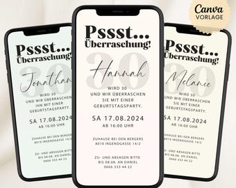 Invito digitale a una festa di compleanno a sorpresa, video animato di invito di compleanno con musica, invito WhatsApp, modello Canva