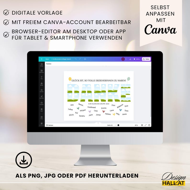 May include: A digital template displayed on a computer screen, editable with Canva. The design features the word "DANKE" in a landscape style, with names below. Text includes "Digital Template" and "Download as PNG, JPG or PDF."