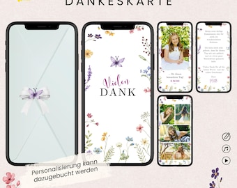 Digital Communion Thank You Card | eCard Thank You First Communion Wildflowers | WhatsApp Thank You Video | Animated Canva Template with Photos & Music
