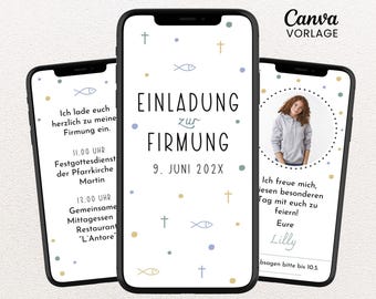 Digitale Einladung Firmung, eCard Konfirmation personalisierbar, Whatsapp Einladung, animierte Einladungskarte mit Foto, Canva-Vorlage