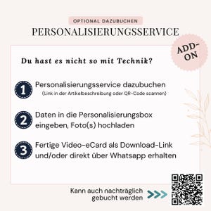 May include: A white informational graphic with black text titled OPTIONAL DAZUBUCHEN PERSONALISIERUNGSSERVICE. It outlines a three-step process for a personalisation service, including a pink ADD-ON badge, a QR code, and instructions in German.