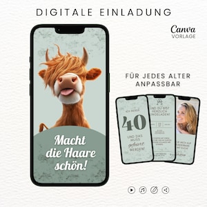 Lustige Einladung Geburtstag digital Geburtstagseinladung animiert eCard Geburtstagsparty mit Musik Whatsapp Einladung Hochlandrind Canva