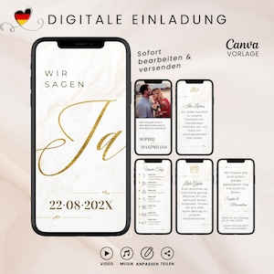 May include: A digital wedding invitation template displayed on multiple smartphone screens. The design features a white marble background with gold text reading WIR SAGEN JA, 22.08.202X, and various event details including names Sophie and Maximilian.