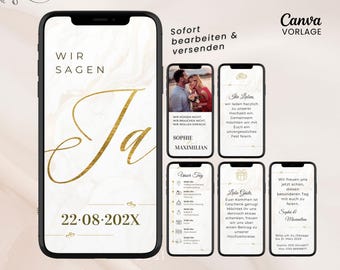 May include: A digital wedding invitation template displayed on multiple smartphone screens. The design features a white marble background with gold text reading WIR SAGEN JA, 22.08.202X, and various event details including names Sophie and Maximilian.