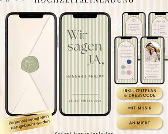 Digital wedding invitation with timeline & dress code, animated WhatsApp video eCard, customizable Canva template in green with wax seal