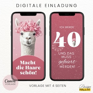 Startseite der animierten Einladung mit witzigem Spruch. Alpaka-Grafik in rosa Tönen. Ideal als digitale Einladung für Frauengeburtstage. Zweite Seite mit Alter als animierte Zahl, einfach in Canva editierbar.