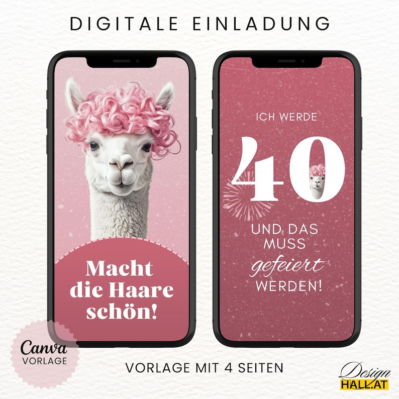 Startseite der animierten Einladung mit witzigem Spruch. Alpaka-Grafik in rosa Tönen. Ideal als digitale Einladung für Frauengeburtstage. Zweite Seite mit Alter als animierte Zahl, einfach in Canva editierbar.