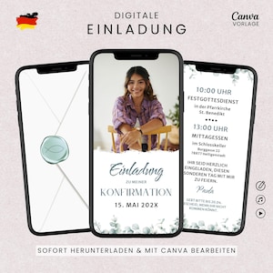 Op de afbeelding: Digitale uitnodigingssjabloon op een smartphonescherm. Het ontwerp toont een foto, evenementdetails en de tekst "Einladung zu meiner Konfirmation". Een turquoise waszegel en het Canva-logo zijn ook zichtbaar.