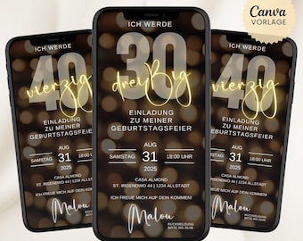 Digitale Einladung zum Geburtstag, personalisierbar, animierte Video eCard mit Musik, Whatsapp Einladung, Canva-Vorlage, Sofort-Download