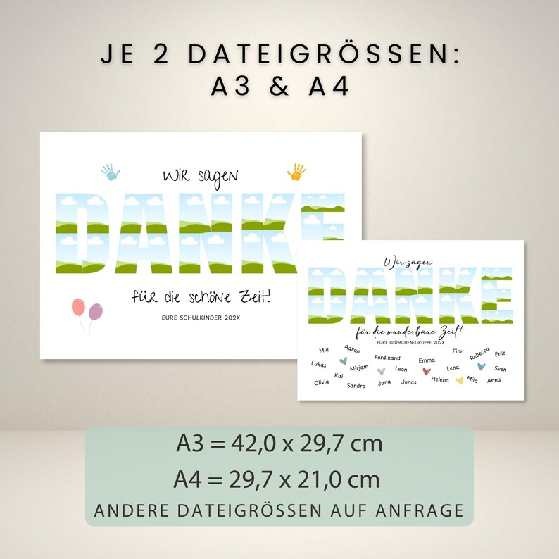 May include: Two white rectangular prints with German text. The word "DANKE" is in large letters with a landscape design. The prints are A3 (16.5 x 11.7 inches) and A4 (11.7 x 8.3 inches) sizes. Includes names.