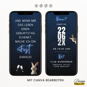 Lustige Einladung zum Geburtstag digital, Animierte Einladung Hase blau, Videoeinladung mit Musik personalisierbar, Canva-Vorlage mit lustigem Spruch "Kurz nicht aufgepasset..." mit 5 Seiten und 1 Startseite für das Video, Sofort Download, eCard Videoeinladung mit Hasen-Motiv zum Versenden mit Whatsapp, Instagram, Facebook, Messenger, SMS und E-Mail, lustige Einladungskarte Geburtstag für jedes Alter für Frauen und Männer,