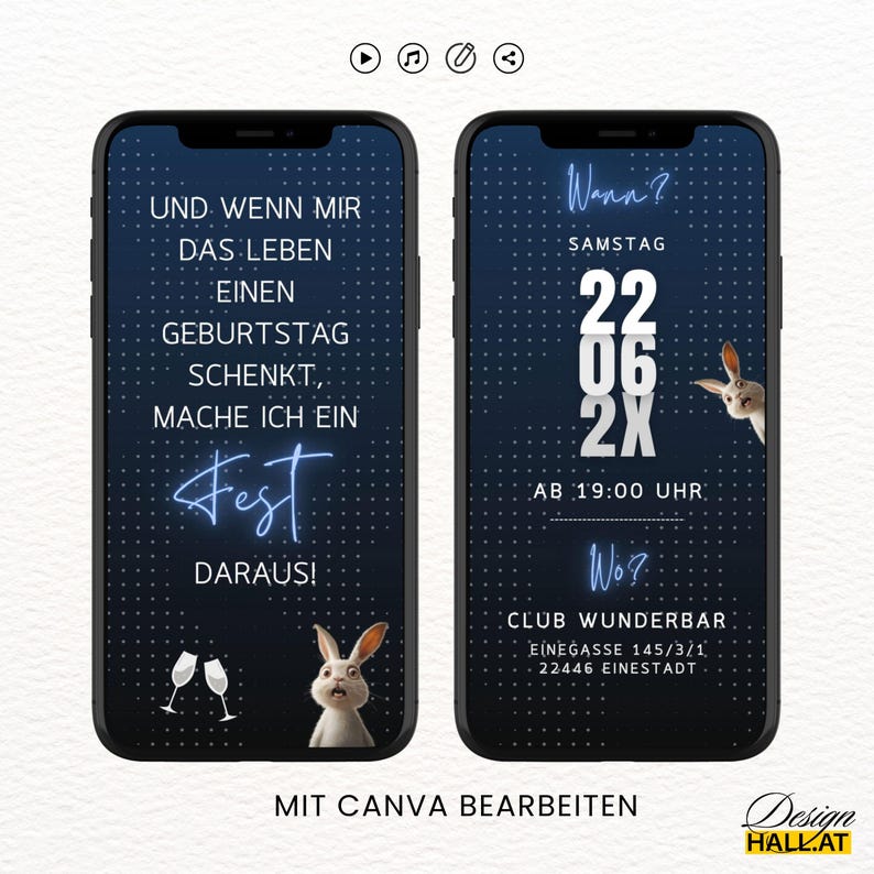 Lustige Einladung zum Geburtstag digital, Animierte Einladung Hase blau, Videoeinladung mit Musik personalisierbar, Canva-Vorlage mit lustigem Spruch "Kurz nicht aufgepasset..." mit 5 Seiten und 1 Startseite für das Video, Sofort Download, eCard Videoeinladung mit Hasen-Motiv zum Versenden mit Whatsapp, Instagram, Facebook, Messenger, SMS und E-Mail, lustige Einladungskarte Geburtstag für jedes Alter für Frauen und Männer,