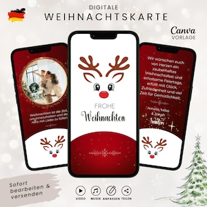 Può includere: Design di biglietto di Natale digitale su smartphone. Il telefono centrale mostra una grafica di renna con le parole "Frohe Weihnachten". Altri telefoni mostrano foto di famiglia e auguri festivi. Include icone per video, musica, modifica e condivisione.