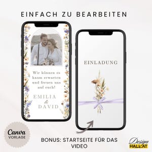 Hochzeitseinladung digital, Einladung Hochzeit, Animierte eCard Hochzeit, Hochzeitseinladung Wildblumen, Digitale Einladungskarte weiß, personalisierbare Canva-Vorlage,  Sofort Download, Video Einladung mit Foto, Zeitplan, Dresscode, Trauung Blumen