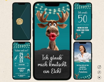 May include: A digital invitation design featuring a cartoon moose with large red lips. The design includes text in German, with additional screens displaying event details and a photo. The Canva template is for any age.