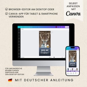 K&ouml;nnte beinhalten: Ein Desktop-Computer-Monitor und ein Smartphone, die eine digitale Designvorlage in der Canva-App anzeigen. Die Vorlage zeigt einen Hirsch mit Sonnenbrille, der einen Bierkrug vor einem Holzhintergrund h&auml;lt, mit dem Text BOCK AUF FREIBIER.