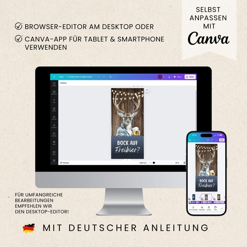 K&ouml;nnte beinhalten: Ein Desktop-Computer-Monitor und ein Smartphone, die eine digitale Designvorlage in der Canva-App anzeigen. Die Vorlage zeigt einen Hirsch mit Sonnenbrille, der einen Bierkrug vor einem Holzhintergrund h&auml;lt, mit dem Text BOCK AUF FREIBIER.