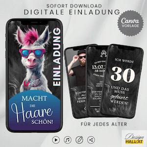 Lustige Einladung Geburtstag digital, animierte Video eCard mit Foto, Whatsapp Einladung, Canva-Vorlage, Sofort-Download, Karte Esel witzig