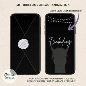 May include: Two smartphones displaying a digital invitation design. The left phone shows a black envelope sealed with a white wax stamp. The right phone displays the word "Einladung" and a silhouette of a horse.