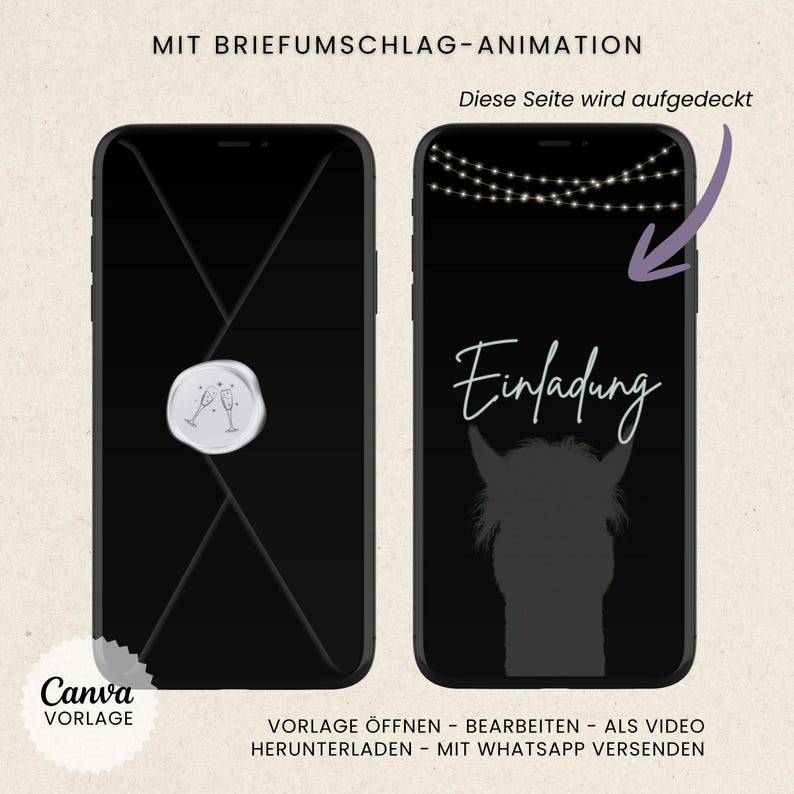 May include: Two smartphones displaying a digital invitation design. The left phone shows a black envelope sealed with a white wax stamp. The right phone displays the word "Einladung" and a silhouette of a horse.