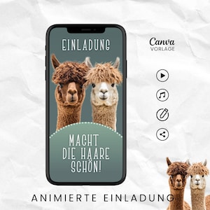 Lustige Einladung Doppelgeburtstag digital, animierte Geburtstagseinladung Alpaka grün, Whatsapp Video Einladung Doppel-Party, Canva Vorlage