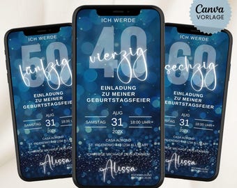 Digitale Einladung Geburtstag personalisierbar Geburtstagseinladung animiert eCard Geburtstagsparty blau Whatsapp Einladung Canva mit Musik