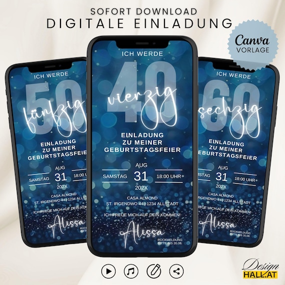 Digitale Einladung Geburtstag personalisierbar | WhatsApp Geburtstagseinladung animiert | eCard Geburtstagsparty blau | Canva Vorlage Video