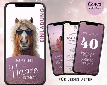 Lustige Einladung Geburtstag digital | Geburtstagseinladung Frau | Video eCard Pferd | Whatsapp Einladung | Canva Vorlage mit Foto & Musik