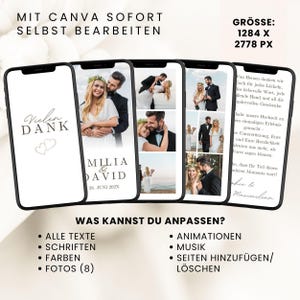May include: Five smartphone screens displaying customisable digital wedding thank you card templates. The screens show various layouts featuring photographs of a couple, the text "Vielen Dank," "Emilia & David," and "28. Juni 202X," plus a written message.