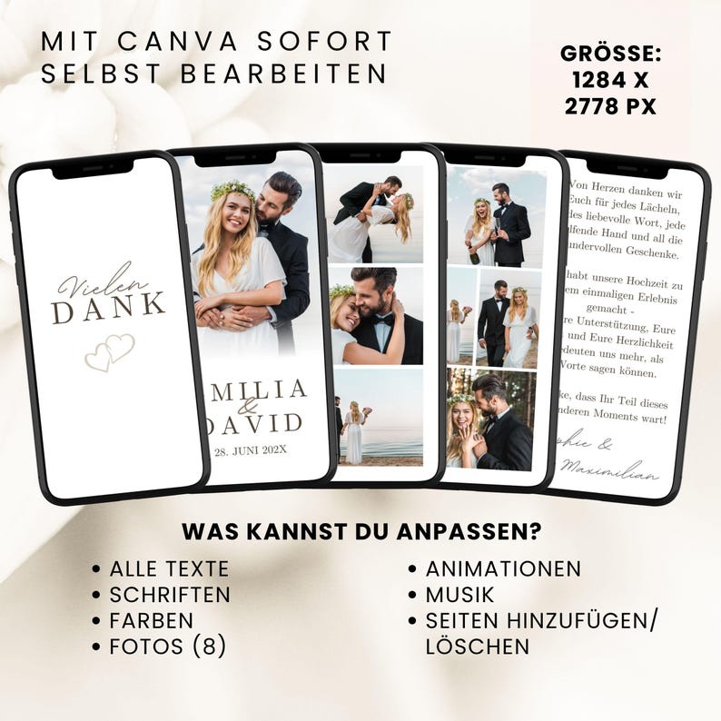 May include: Five smartphone screens displaying customisable digital wedding thank you card templates. The screens show various layouts featuring photographs of a couple, the text "Vielen Dank," "Emilia & David," and "28. Juni 202X," plus a written message.