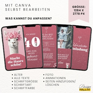 Übersicht der Canva-Vorlage mit 4 Seiten und Startseite für das Video. Darstellung der personalisierbaren Elemente: Alter, Texte, Farben, Foto, Musik. Handyoptimiert für WhatsApp-Einladungen zum Geburtstag.