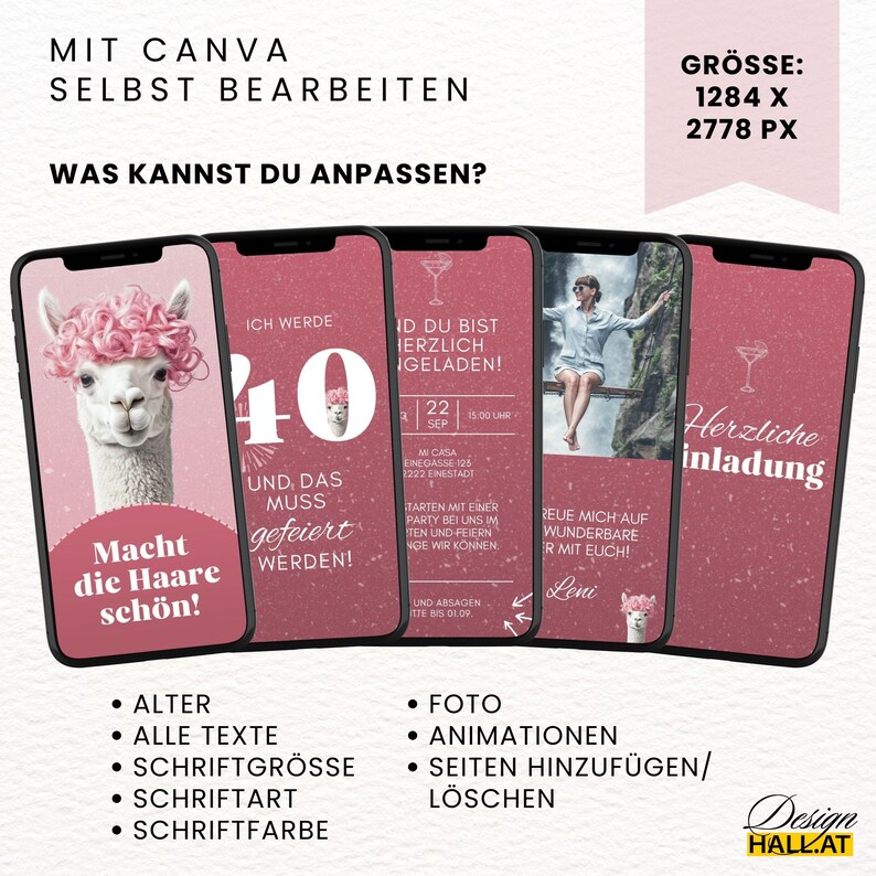 Übersicht der Canva-Vorlage mit 4 Seiten und Startseite für das Video. Darstellung der personalisierbaren Elemente: Alter, Texte, Farben, Foto, Musik. Handyoptimiert für WhatsApp-Einladungen zum Geburtstag.
