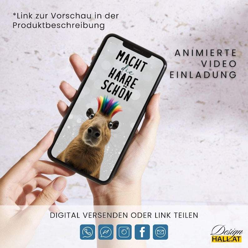 Digitale Einladung Geburtstag lustig "Macht die Haare schön", Animierte Einladung Capybara, Videoeinladung mit Musik, Canva-Vorlage personalisierbar, 4 Seiten, Sofort Download, eCard Whatsapp Einladung zum Versenden mit Whatsapp, Instagram, Facebook, Messenger, SMS und E-Mail, lustige Einladungskarte für jedes Alter für Frauen und Männer, Partyeinladung mit witzigem Capybara