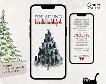 Digital Christmas invitation, animated video eCard, Christmas party with music, funny WhatsApp invitation, Christmas party with cats, Canva template