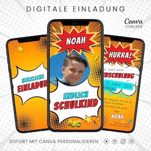 Digitale Einladung Einschulung Junge Einladungskarte Schulanfang Whatsapp Einladung erster Schultag animiert eCard Vorlage Endlich Schulkind
