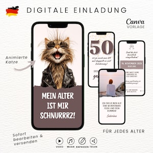 May include: Digital invitation design featuring a cat wearing sunglasses and a leather jacket. The design includes text in German, with additional invitation templates for various ages. The design is for digital use.